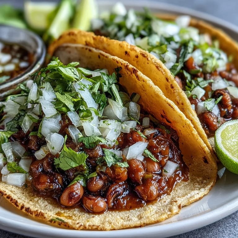 Freshly prepared Black-Eyed Pea Tacos garnished with cilantro and onion, served with lime wedges.