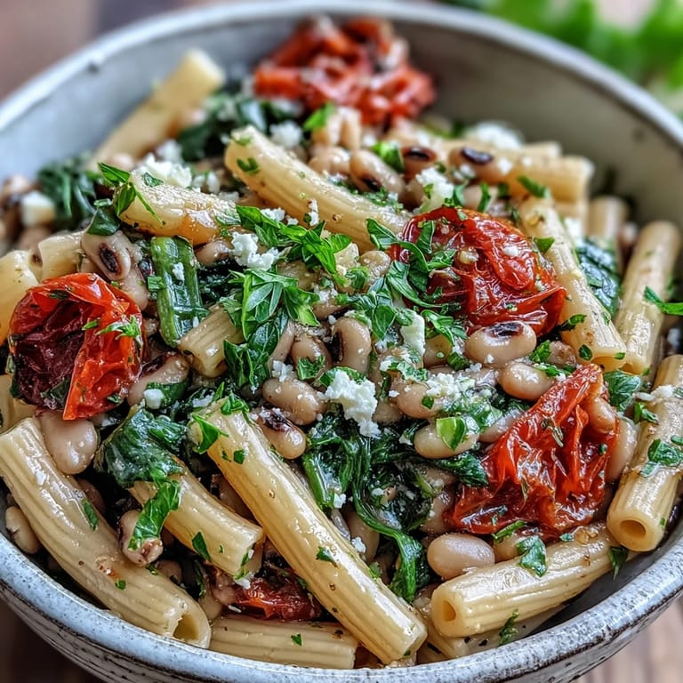 A hearty bowl of Black-Eyed Pea Pasta topped with crumbled feta cheese and a lemon wedge.