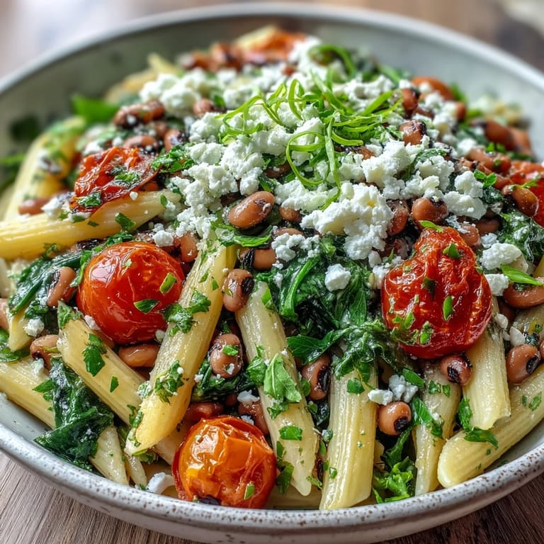 Black-Eyed Pea Pasta served warm alongside a glass of white wine for a Mediterranean dinner.