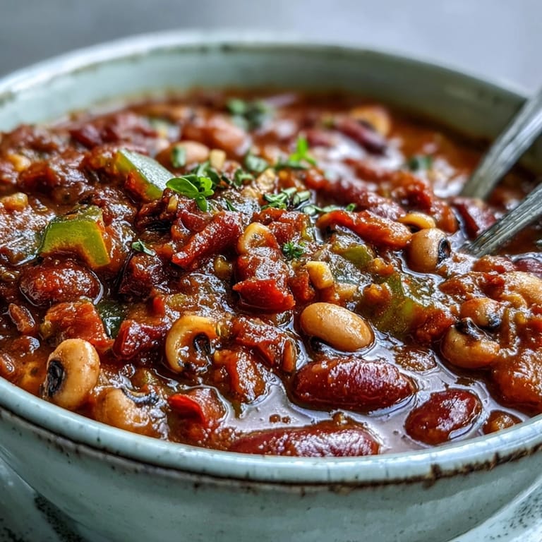 A rustic cast-iron bowl filled with steaming Black-Eyed Pea Chili, topped with a dollop of sour cream, sliced jalapeños, and shredded cheddar cheese, served alongside warm cornbread for a complete meal.