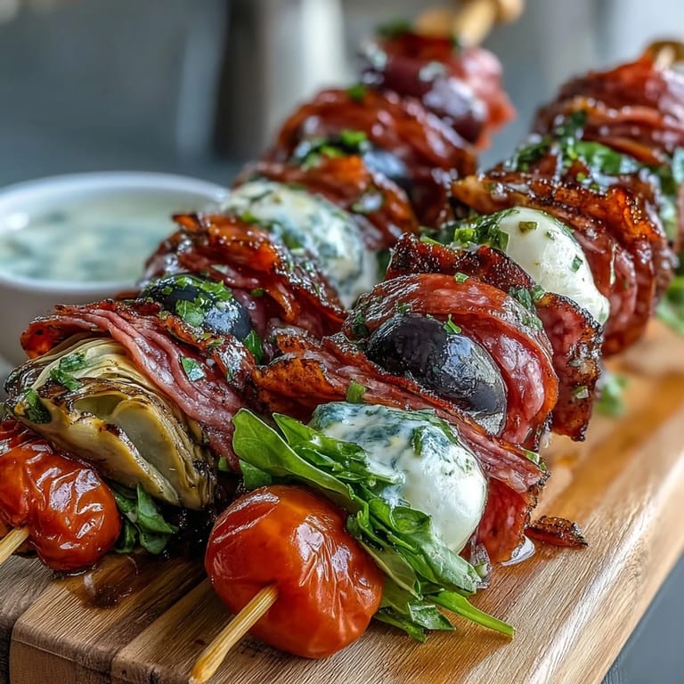 Portable Italian sub skewers with salami, ham, mortadella, and veggies, paired with rich homemade garlic aioli.