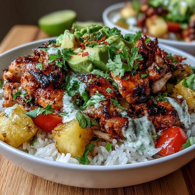Tropical-inspired chicken pineapple taco bowls with spiced chicken, black beans, and fresh cilantro over coconut rice.  