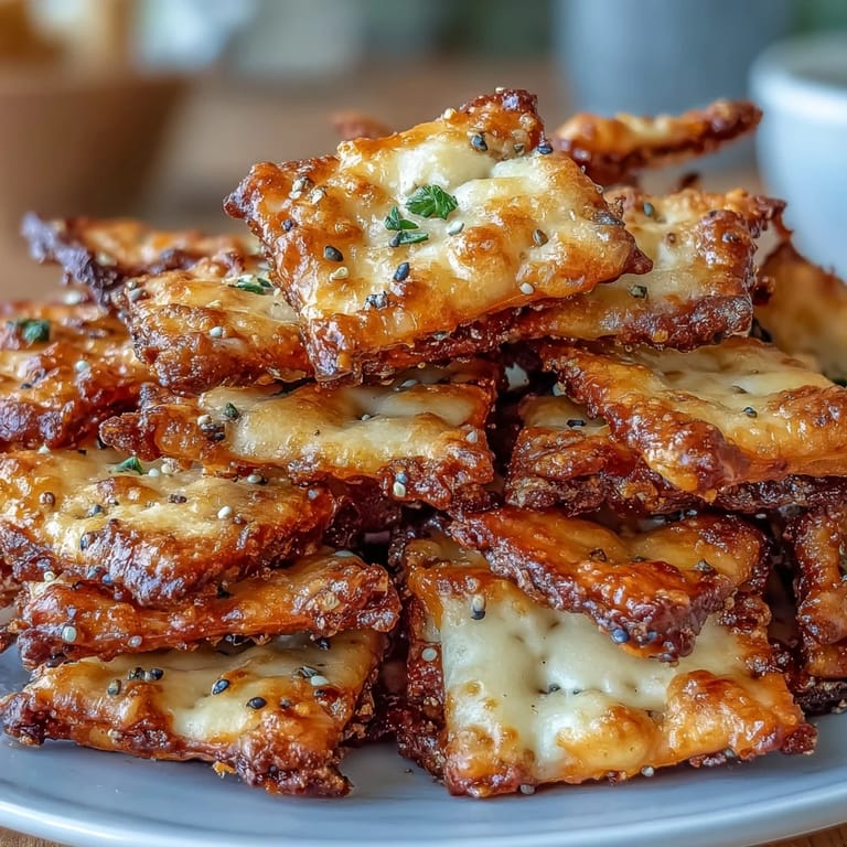 Tangy sourdough cheddar crackers topped with sesame, garlic, and onion seasoning, baked until perfectly crunchy.