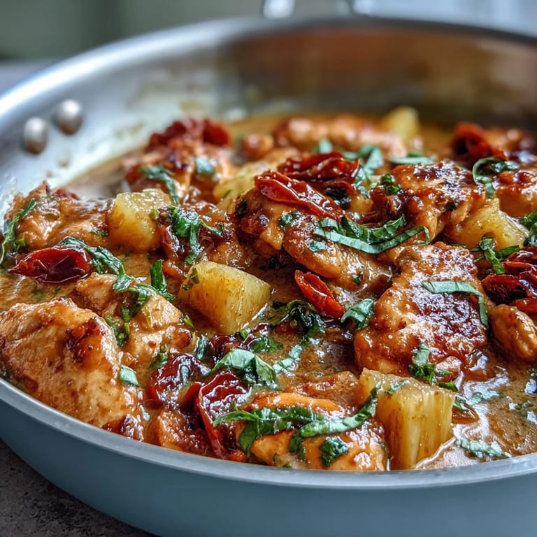 Aromatic Thai-inspired curry featuring juicy chicken, bell peppers, and pineapple in a rich coconut sauce.  