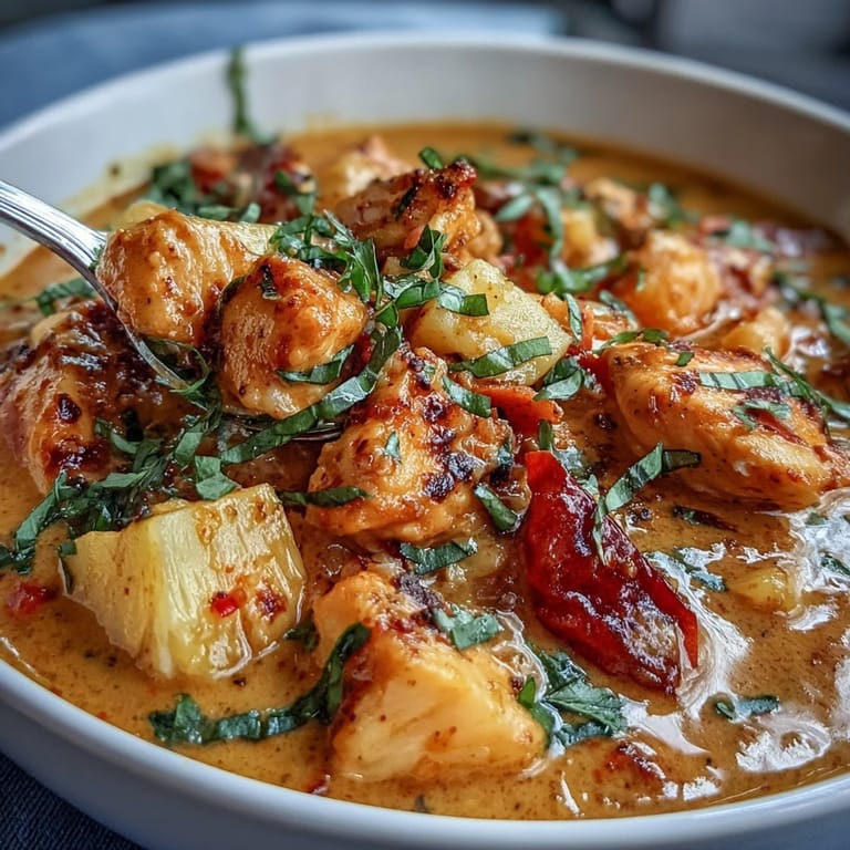 Colorful chicken pineapple curry served over jasmine rice with fresh cilantro and lime wedges.