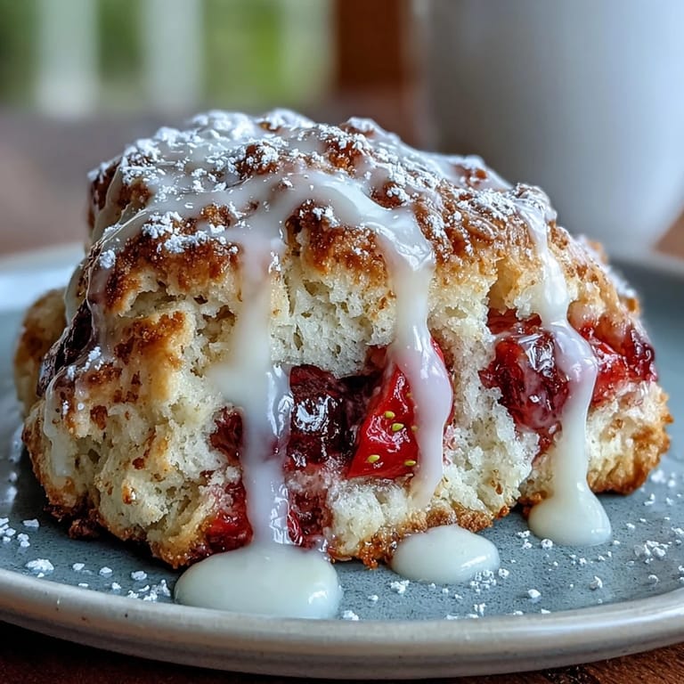 Golden scones studded with ripe strawberries, topped with zesty lemon glaze, and garnished with fresh berries for a delightful bite.