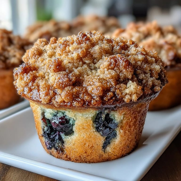 Freshly baked Lemon Blueberry Sourdough Crumb Muffins, fragrant with lemon zest and topped with buttery crumble.  