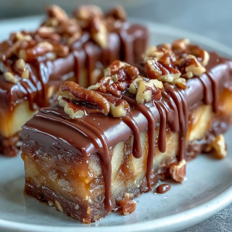 Golden apple wedges coated in gooey caramel and topped with rich dark chocolate drizzle—irresistible dessert.  