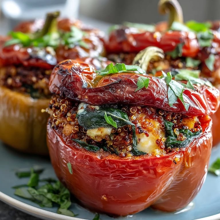 Vibrant bell peppers filled with quinoa, fresh herbs, and seasonal vegetables, offering a flavorful and nutritious vegetarian main dish.