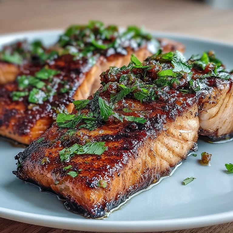 Juicy grilled salmon served with sweet and tangy strawberry salsa, garnished with lemon wedges for extra freshness.