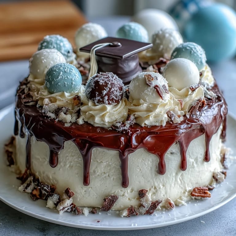 Elegant vanilla graduation cake featuring two tiers, smooth buttercream frosting, and playful balloon decorations, ideal for honoring graduates.