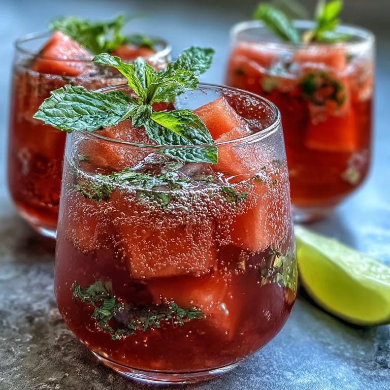 Chilled Watermelon Mint Vodka Spritz Mocktail with sparkling bubbles, garnished with watermelon wedges and lime for a festive summer drink.