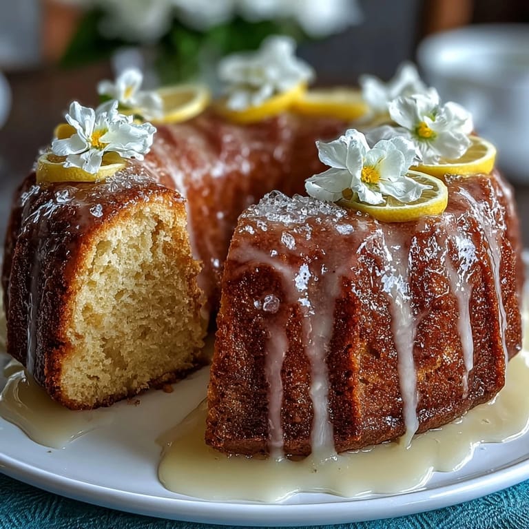Zesty lemon cake topped with sweet drizzle and colorful edible flowers, a beautiful treat for celebrating Mothers Day.
