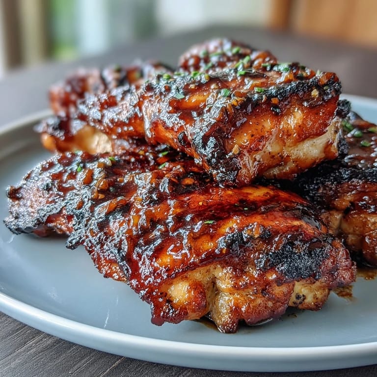 A close-up of honey garlic marinated chicken thighs resting on a platter, garnished with fresh parsley and lemon wedges.  