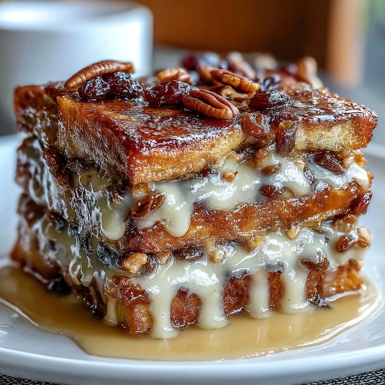 A slice of Easy Capirotada reveals soft, syrup-soaked bread, plump raisins, and melted cheese, topped with crunchy pecans for a delightful mix of textures and flavors.