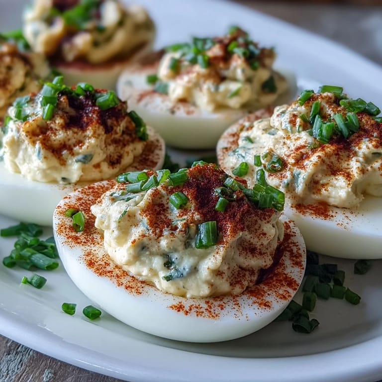 Creamy deviled eggs with tangy mustard filling, topped with smoky paprika and fresh chives, arranged on a rustic wooden board for a party appetizer.