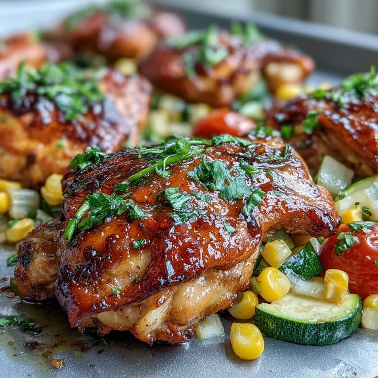 Colorful roasted chicken and vegetables on a sheet pan, featuring zucchini, corn, and cherry tomatoes for a summer feast.