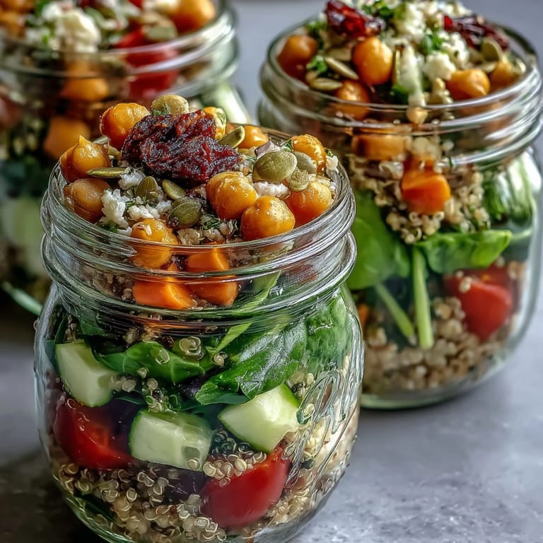 Colorful mason jar salads packed with greens, tomatoes, and protein for easy grab-and-go lunches.