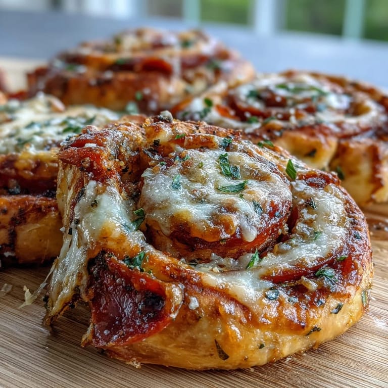 Flaky, handheld pizza pinwheels bursting with mozzarella, pepperoni, and Italian herbs, great for quick bites or lunchboxes.