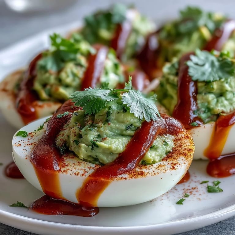 Bright green avocado filling piped into classic egg white halves, finished with bold Sriracha heat.