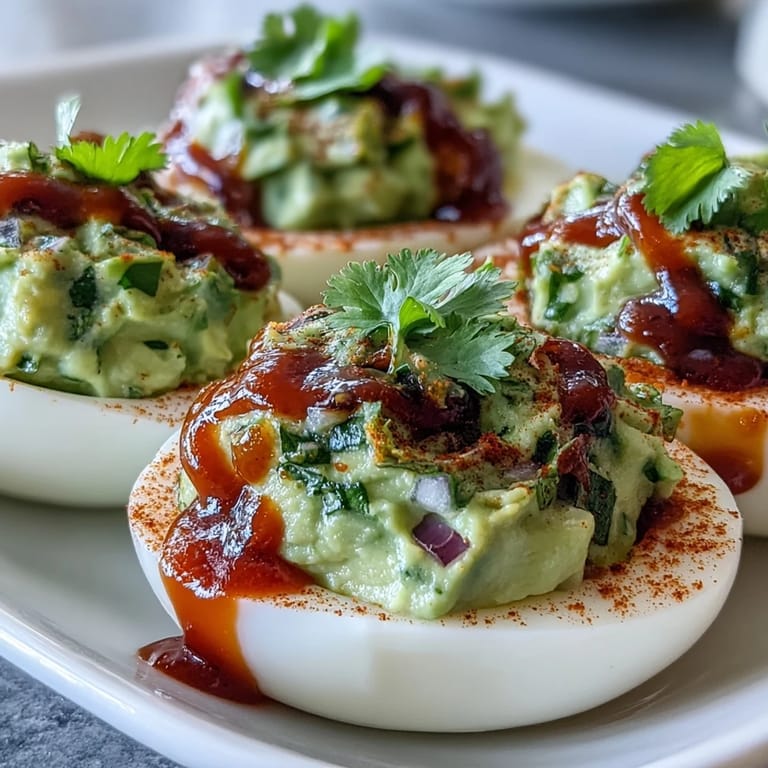 Vibrant deviled eggs with avocado and lime, topped with a fiery Sriracha kick for extra flavor.