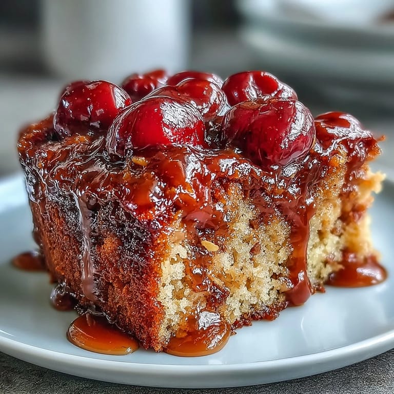 Moist Cherry Almond Upside-Down Cake topped with glossy caramelized cherries.