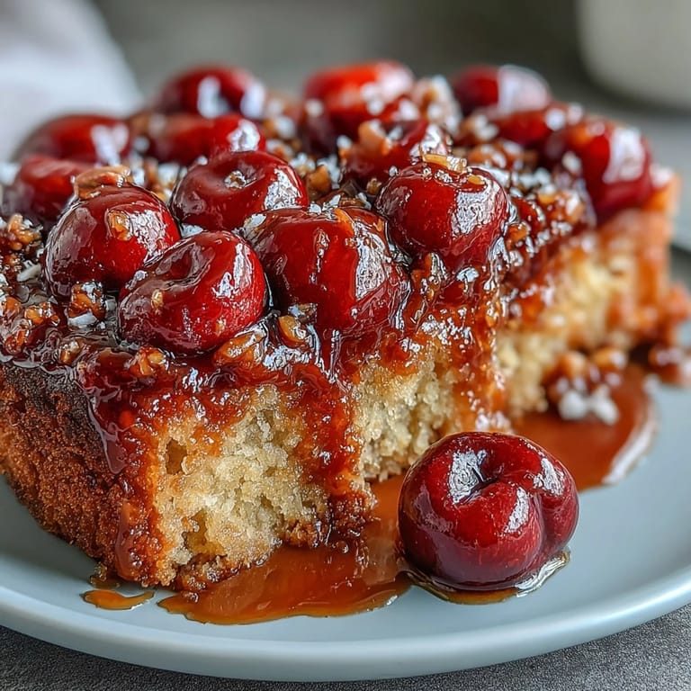 Beautifully inverted Cherry Almond Upside-Down Cake, a delightful dessert treat.