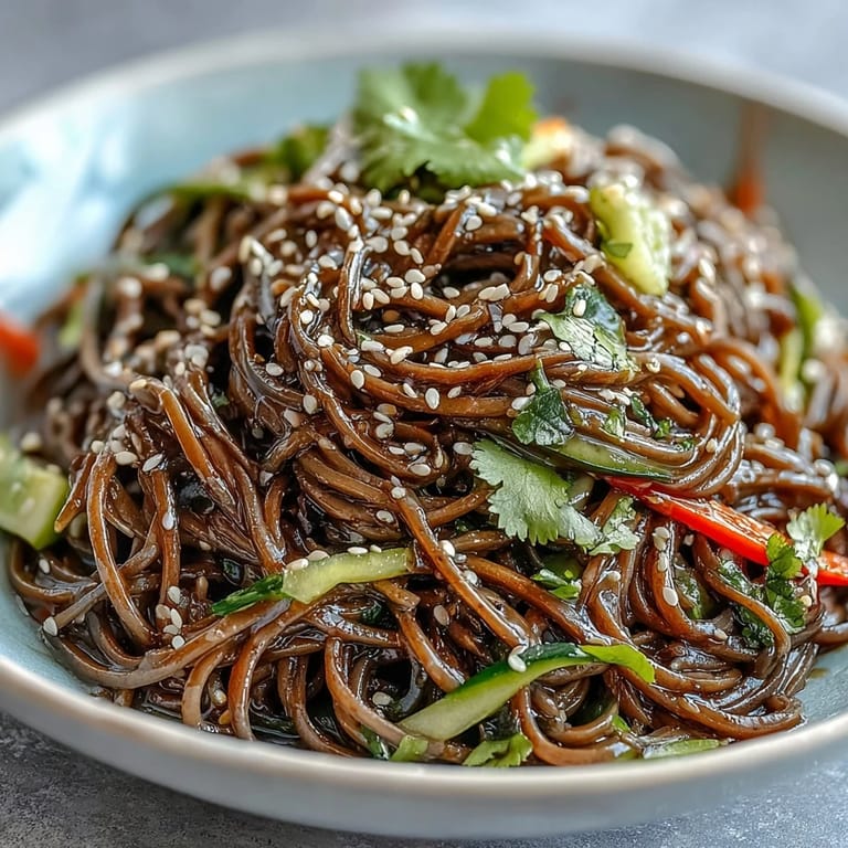 A colorful soba noodle salad bowls, drizzled with sesame ginger dressing.