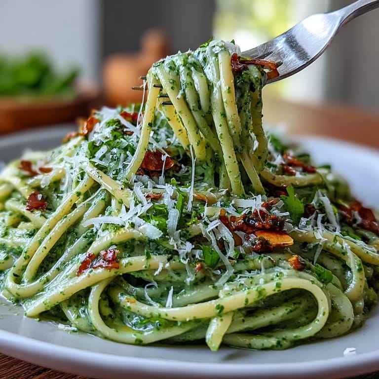 Quick and easy Creamy Avocado Pesto Pasta, a fresh vegetarian delight ready to serve.