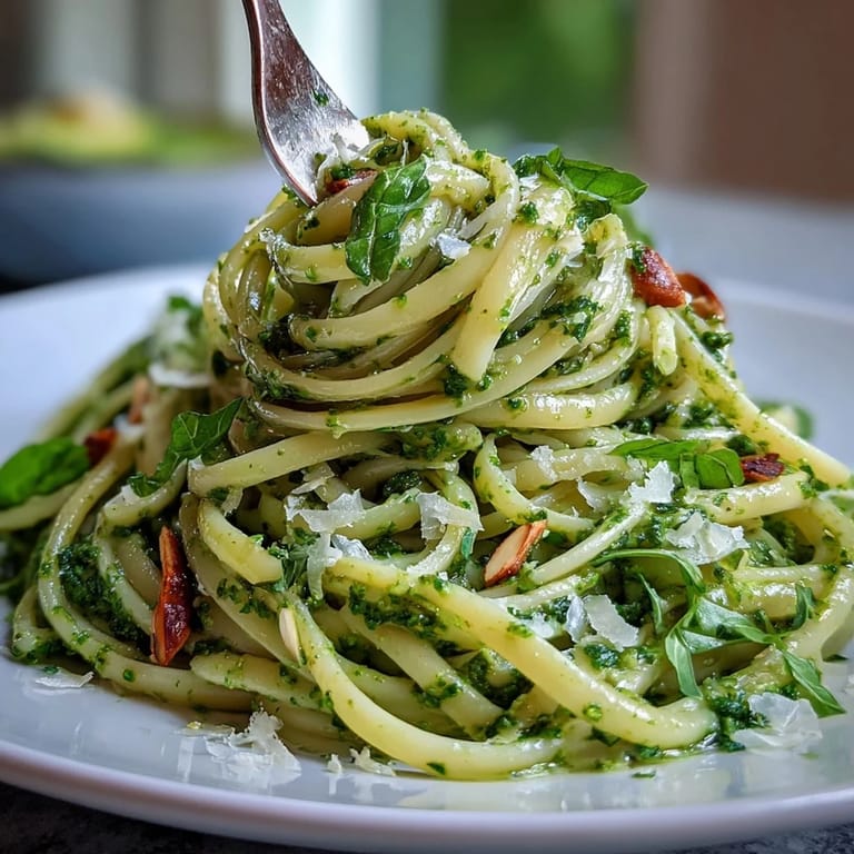 Delicious Creamy Avocado Pesto Pasta, adorned with Parmesan and green basil sprigs.