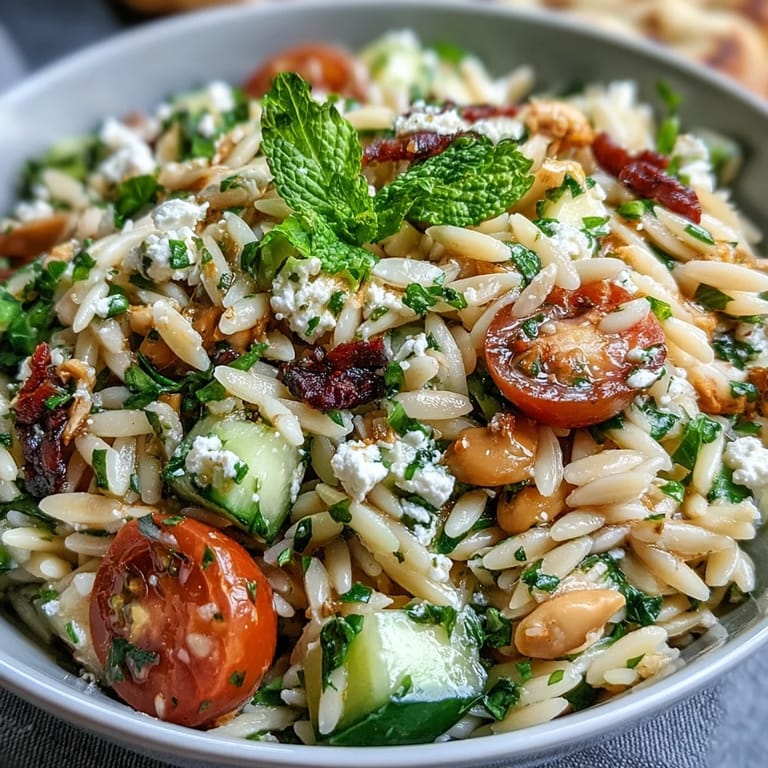 Mediterranean orzo salad featuring cucumber, feta, and a bright lemon dressing.