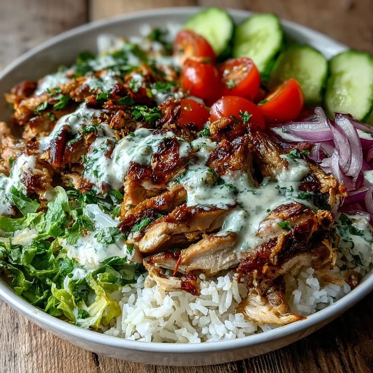 A delicious Middle Eastern Shawarma Bowl piled high with spiced chicken and fresh veggies.