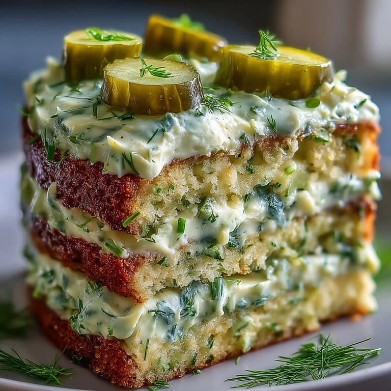 Delicate, moist Pickle Cake crowned with a fresh, herbaceous dill frosting, ready to serve.