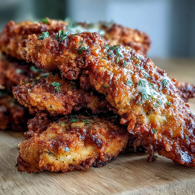 Juicy pickle brine chicken tenders with a crunchy coating, ready to serve.