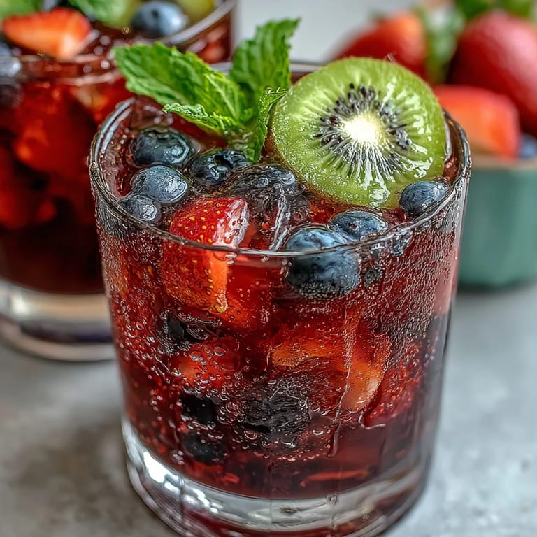 Beautiful Iced Hibiscus Berry Tea swirling with fresh berries and citrus slices.