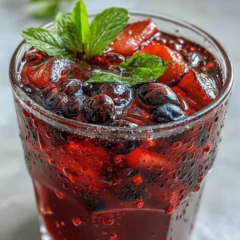 Picture a tall glass of Iced Hibiscus Berry Tea, garnished with mint.