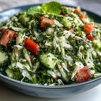 Finely shredded green cabbage, diced tomatoes, cucumbers, and fresh parsley and mint tossed in a zesty lemon dressing, creating this vibrant Lebanese Cabbage Salad.