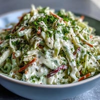 Creamy coleslaw with shredded green and red cabbage, carrots, and a tangy dressing served in a white bowl.