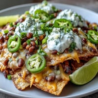 Freshly baked Black-Eyed Pea Nachos topped with melted cheddar, sour cream, jalapeños, and fresh cilantro on a platter. 