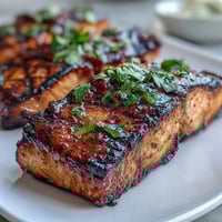 Grilled salmon fillet topped with vibrant strawberry salsa and fresh cilantro for a bright, healthy dinner.  