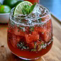 Watermelon Mint Vodka Spritz Mocktail in a tall glass with ice, garnished with mint sprigs and lime slices.