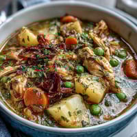 Slow Cooker Chicken Pot Pie Soup with tender chicken and vegetables in a creamy broth.