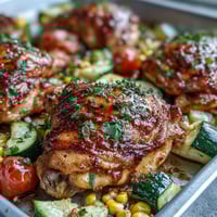 Vibrant sheet pan chicken dinner with juicy chicken, sweet corn, and tender zucchini roasted to golden perfection.
