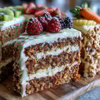 Festive Easter dessert table featuring carrot cake with cream cheese frosting, pavlova with fresh berries, and lemon tart for a colorful spring spread.  