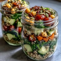 Mason jar salads with quinoa, chickpeas, and fresh veggies layered for healthy meal prep.
