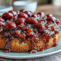 Golden Cherry Almond Upside-Down Cake with caramelized cherries and fluffy batter.