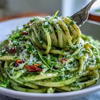 Vibrant Creamy Avocado Pesto Pasta dish, no-cook sauce glistening on perfectly cooked linguine.