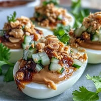 Close-up of Thai Peanut Deviled Eggs, creamy filling, fresh relish.