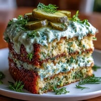 Showcasing the savory Pickle Cake with tangy dill frosting, a unique appetizer.