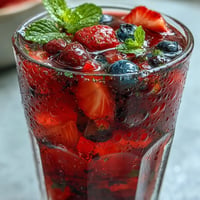 Colorful Iced Hibiscus Berry Tea with vibrant fruit, perfect for a refreshing summer day.